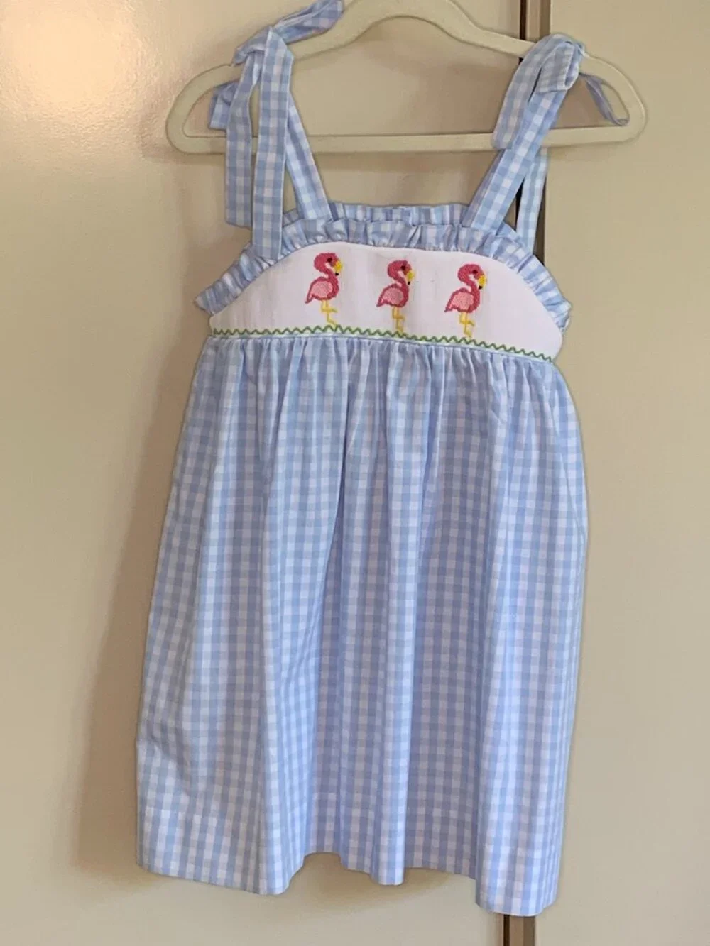 Stitchy Fish Blue Gingham Flamingo Smocked Dress 4T Tie Shoulder Summer - Picture 1 of 4